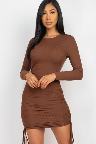 Ribbed long sleeve drawstring bodycon dress - MerseSlay 