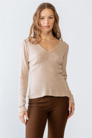 Sand Ribbed V-neck Long Sleeve Soft To Touch Top - MerseSlay 