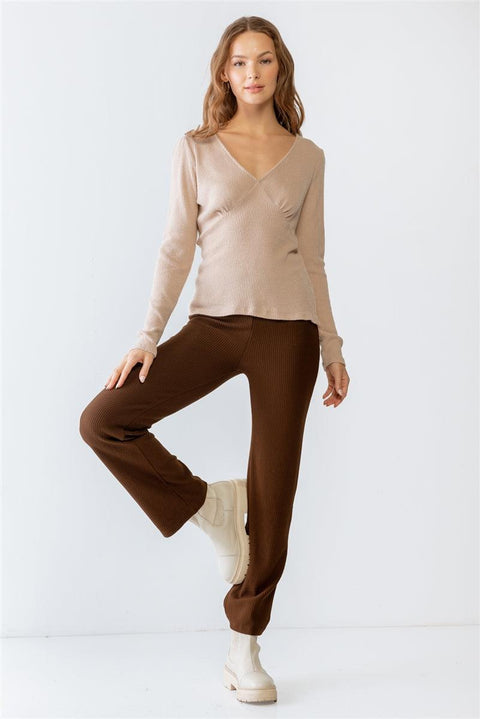 Sand Ribbed V-neck Long Sleeve Soft To Touch Top - MerseSlay 