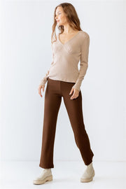 Sand Ribbed V-neck Long Sleeve Soft To Touch Top - MerseSlay 