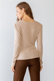 Sand Ribbed V-neck Long Sleeve Soft To Touch Top - MerseSlay 