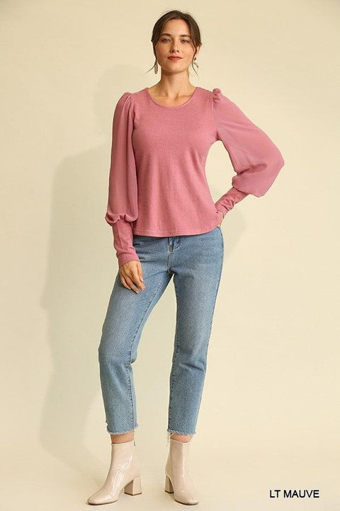 Solid Knit And Chiffon Mixed Top With Puff Long Sleeve - MerseSlay 