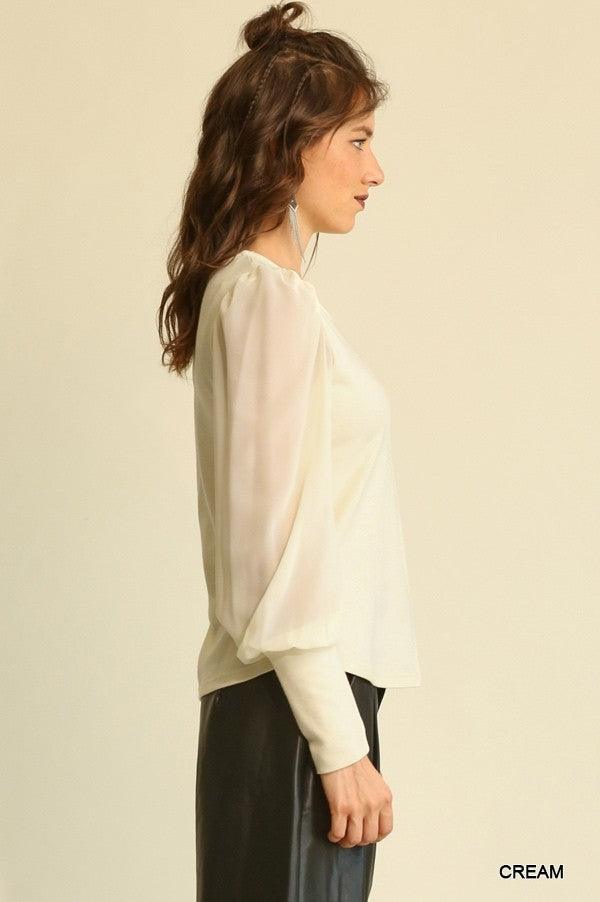 Solid Knit And Chiffon Mixed Top With Puff Long Sleeve - MerseSlay 