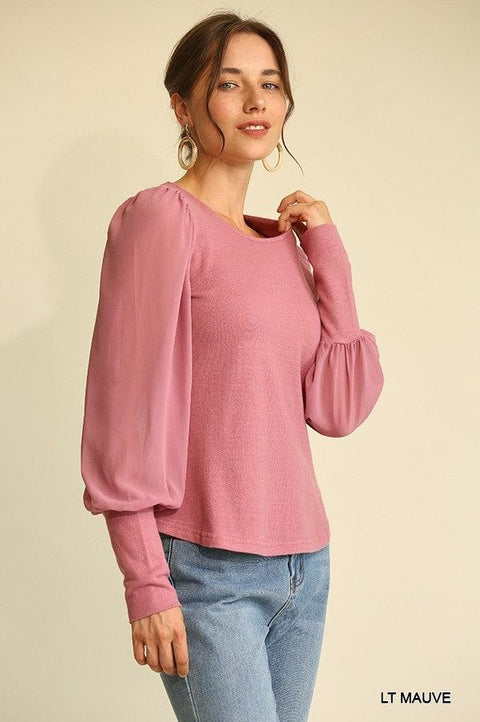 Solid Knit And Chiffon Mixed Top With Puff Long Sleeve - MerseSlay 