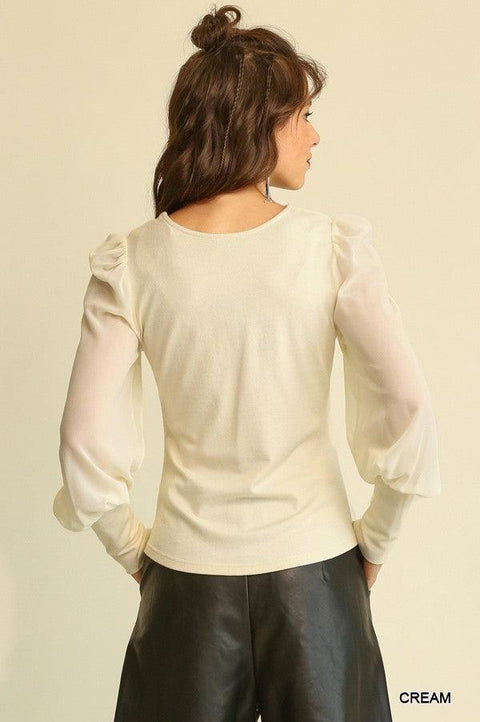 Solid Knit And Chiffon Mixed Top With Puff Long Sleeve - MerseSlay 