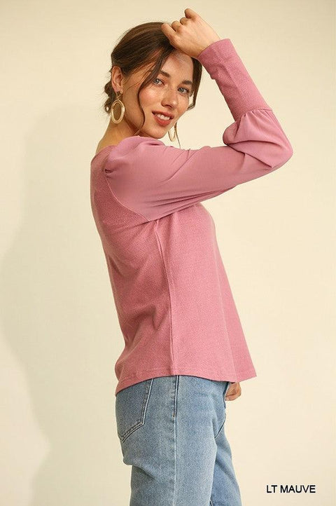 Solid Knit And Chiffon Mixed Top With Puff Long Sleeve - MerseSlay 