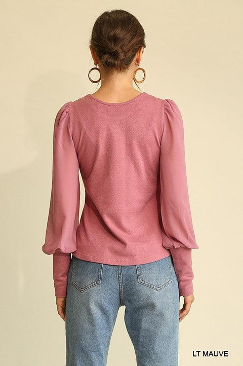 Solid Knit And Chiffon Mixed Top With Puff Long Sleeve - MerseSlay 