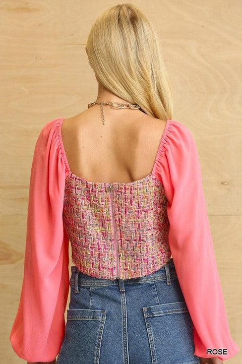 Tweed Bodice And Chiffon Square Top With Back Zipper - MerseSlay 